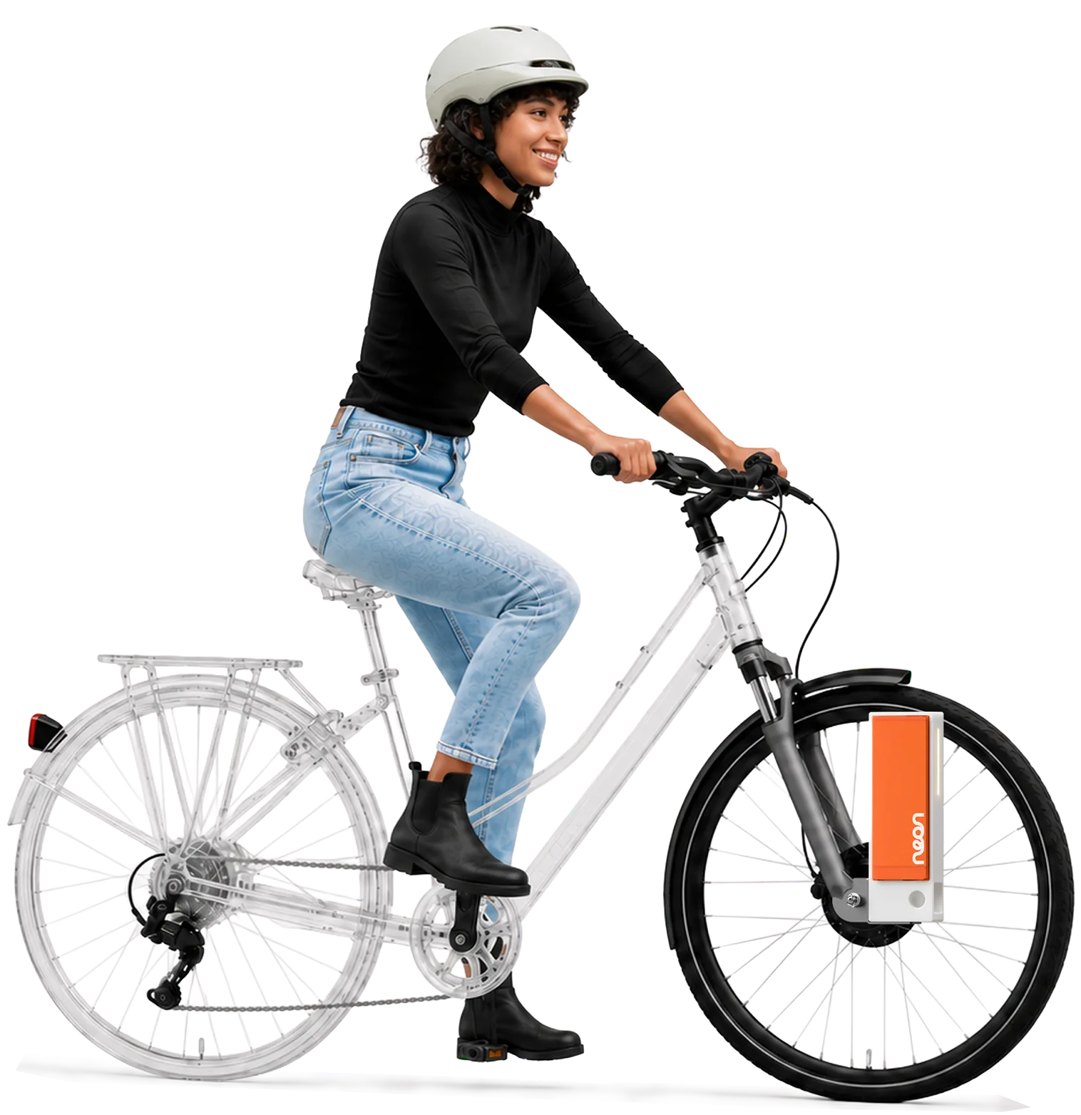 A rider on a step-through bike with neon on the front wheel